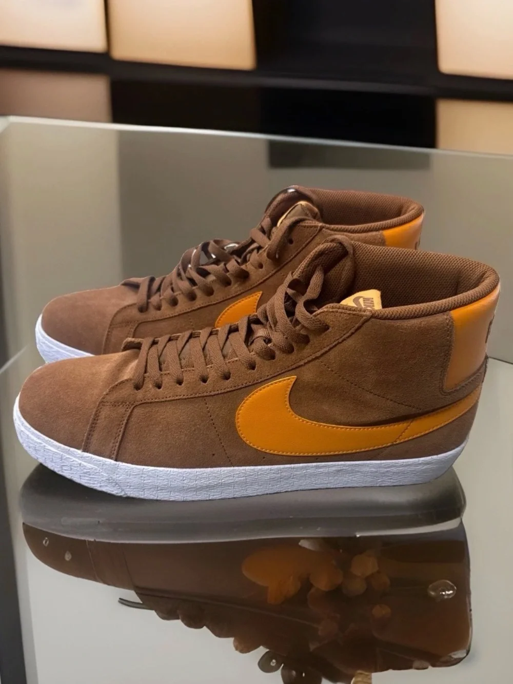 Nike Men’s Brown Suede High-Top Sneakers with Yellow-Orange Swoosh